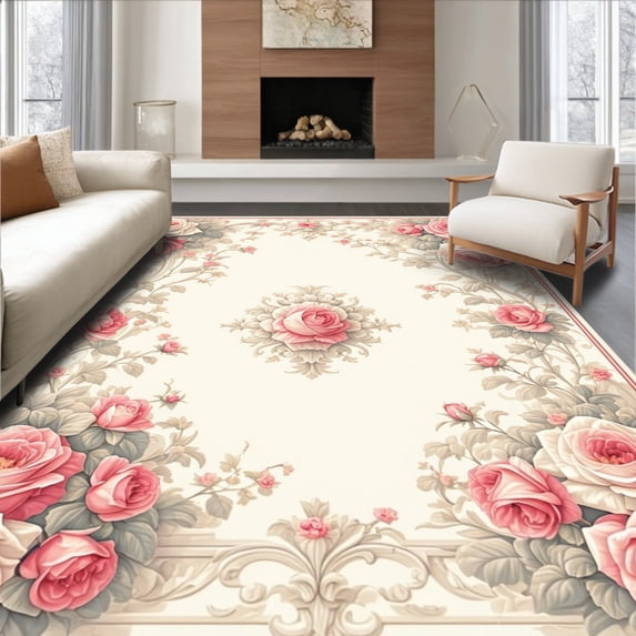 ODIKA 5'x7' Machine Washable Non-Slip Area Rug, Rose Garden Pink Floral Medallion High Traffic Rug, Pink, 218870