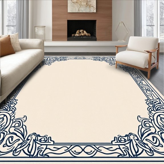ODIKA 5' x 7' Machine Washable Non-Slip Area Rug, Victorian Scroll High Traffic Rug, Ivory, 298728