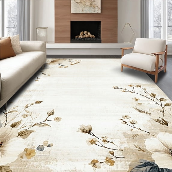 ODIKA 5'x7' Machine Washable Non-Slip Area Rug, Rustic Floral Hallway High Traffic Rug, Beige, 209795