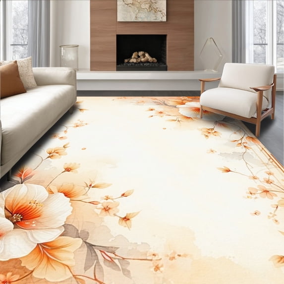 ODIKA 5' x 7' Machine Washable Non-Slip Area Rug, Watercolor Flower High Traffic Rug, Beige, 233371