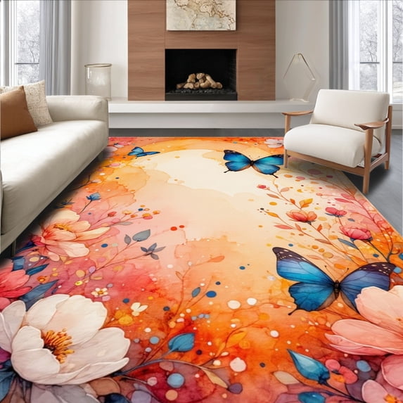 ODIKA 5' x 7' Machine Washable Non-Slip Area Rug, Watercolor Flower High Traffic Rug, Peach, 156123