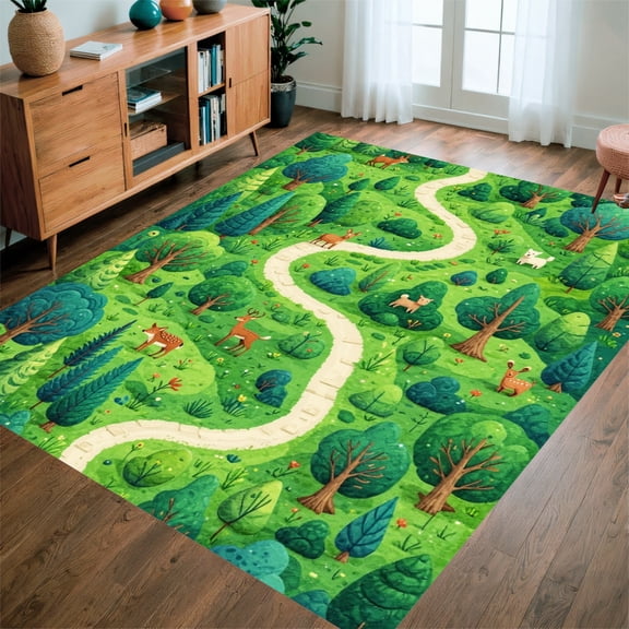 ODIKA 5' x 7' Machine Washable Non-Slip Area Rug, Whimsical Tree High Traffic Rug, Green, 282198