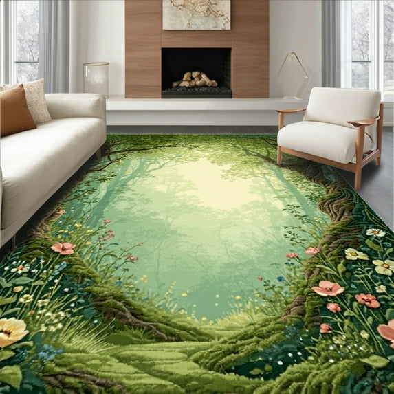 ODIKA 5'x7' Machine Washable Non-Slip Area Rug, Fairy Garden Moss Round Floral High Traffic Rug, Green, 87597