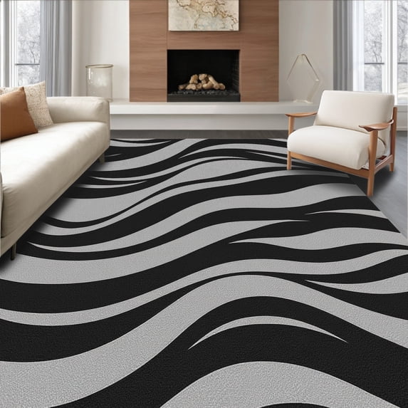 ODIKA 5'x7' Machine Washable Non-Slip Area Rug, Contemporary Abstract Waves with Unique Textured High Traffic Rug, Black, 300289