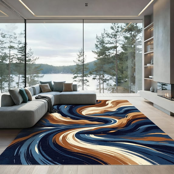 ODIKA 5' x 7' Machine Washable Non-Slip Area Rug, abstract print High Traffic Rug, Blue, 1187306