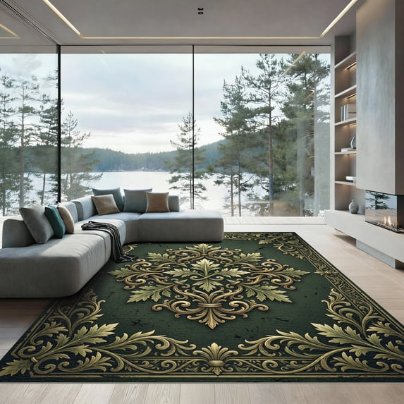 ODIKA 5' x 7' Machine Washable Non-Slip Area Rug, antique bordered High Traffic Rug, Green, 989629