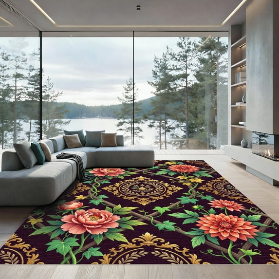 ODIKA 5' x 7' Machine Washable Non-Slip Area Rug, antique floral High Traffic Rug, Black, 1136386