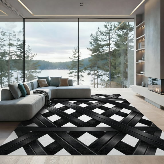 ODIKA 5' x 7' Machine Washable Non-Slip Area Rug, geometric geometric High Traffic Rug, White, 1155960