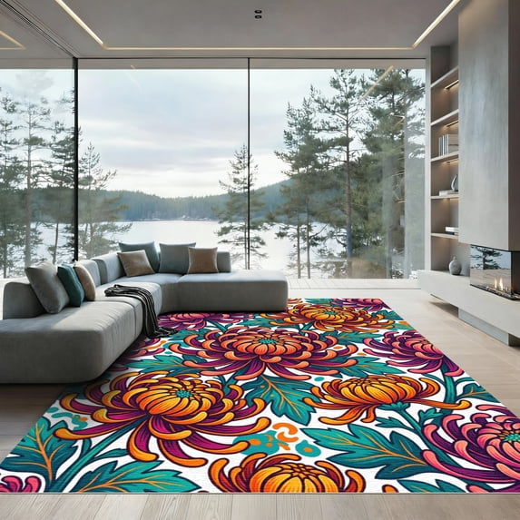 ODIKA 5' x 7' Machine Washable Non-Slip Area Rug, japanese floral High Traffic Rug, Purple, 1136378