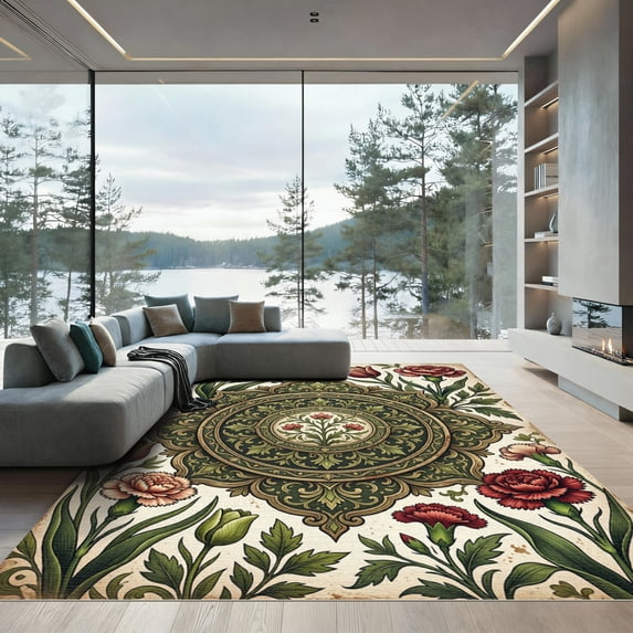 ODIKA 5' x 7' Machine Washable Non-Slip Area Rug, oriental floral High Traffic Rug, Green, 989623