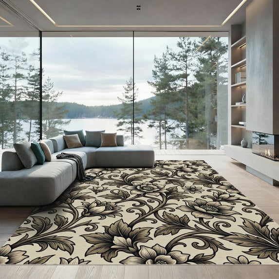 ODIKA 5' x 7' Machine Washable Non-Slip Area Rug, traditional floral High Traffic Rug, Beige, 1156363