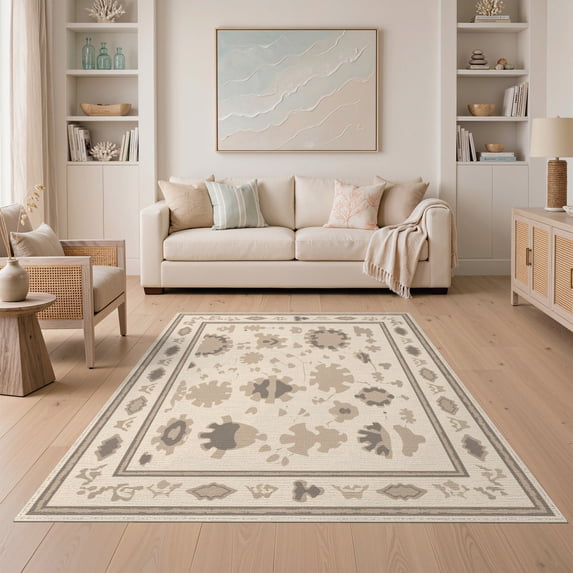 ODIKA 5'x7' Beige Abstract Geometric Design Washable Area Rug Intricate Motif Style Easy Care, Non-Shedding, Pet Friendly, for Small Living Room, Bedroom