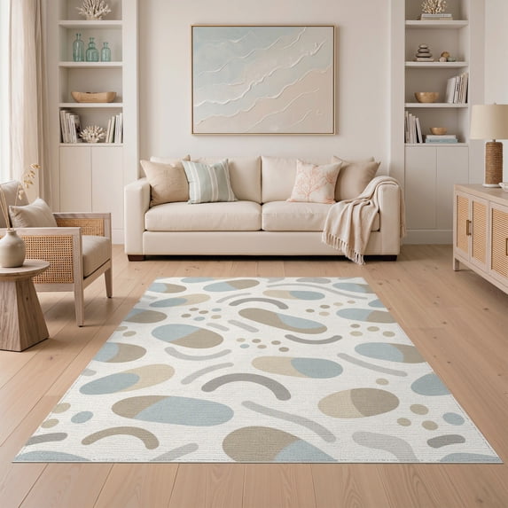ODIKA 5'x7' Beige Abstract Geometric Washable Area Rug Modern Curved Shapes With Neutral Tones And Dynamic Design Non-Slip, Low Pile, Stain Resistant for Guest Room, Lounge, Apartment