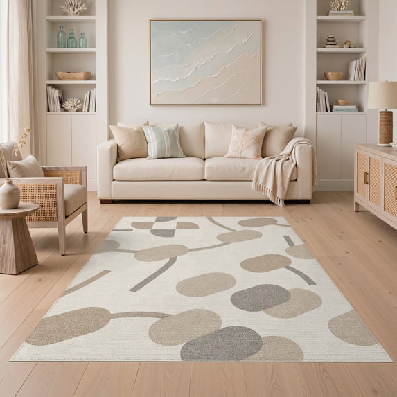 ODIKA 5'x7' Beige Abstract Ivory Copper Washable Area Rug Modern Geometric Design With Motifs And Artistic Flair Non-Slip, Chair-Friendly for Dining Room, Under Table, Home Office