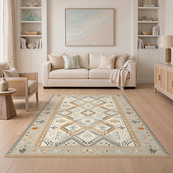 ODIKA 5'x7' Beige Boho Geometric Border Cream Washable Area Rug Framed Motif Minimalist Banded Edge Warm Neutral Symmetry for Small Living Room, Bedroom, Easy Care, Non-Shedding, Pet Friendly