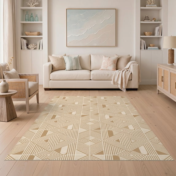 ODIKA 5'x7' Beige Brown Diamond Geometric Design Washable Area Rug Modern Abstract Lines with Symmetrical Patterns Non-Slip, Chair-Friendly for Dining Room, Under Table, Home Office