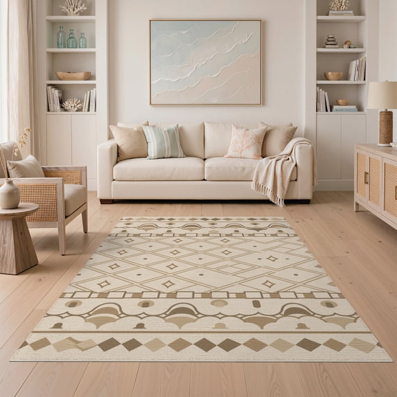 ODIKA 5'x7' Beige Brown Diamond Lattice Washable Area Rug Intricate Geometric Motifs with Borders Easy Care, Non-Shedding, Pet Friendly, for Small Living Room, Bedroom