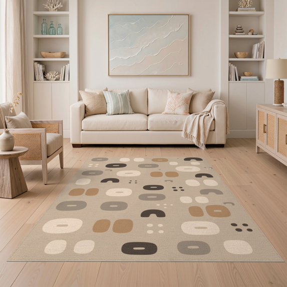 ODIKA 5'x7' Beige Brown Geometric Pattern Decor Washable Area Rug Modern Abstract Shapes with Natural Flair for Guest Room, Lounge, Apartment, Non-Slip Low Profile, Stain Resistant