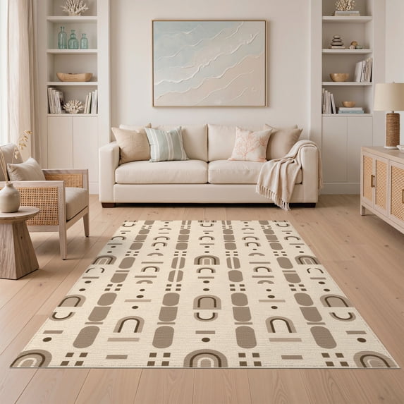 ODIKA 5'x7' Beige Brown Modern Geometric Abstract Washable Area Rug Contemporary Minimalist Scandinavian Style Grid Non-Slip, Low Pile, Stain Resistant for Guest Room, Lounge, Apartment