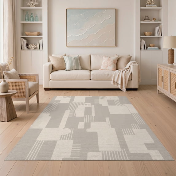 ODIKA 5'x7' Beige Cream Geometric Modern Design Washable Area Rug Abstract Patterns with Minimalist Flair Non-Slip, Low Pile, Stain Resistant for Guest Room, Lounge, Apartment