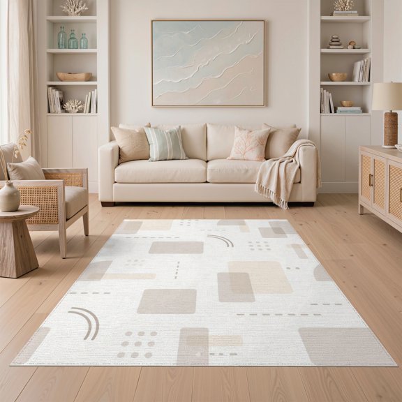 ODIKA 5'x7' Beige Geometric Modern Plaid Neutral Washable Area Rug Contemporary Abstract Design With Subtle Ornamental Non-Slip, Low Pile, Stain Resistant for Guest Room, Lounge, Apartment