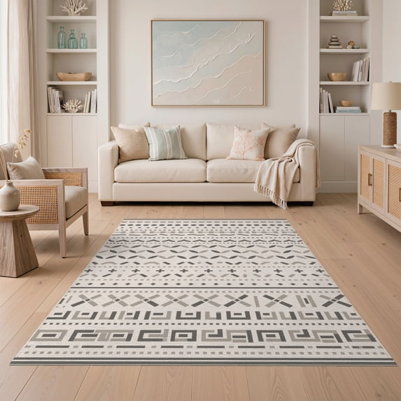 ODIKA 5'x7' Beige Gray Geometric Bands Diamond Washable Area Rug Traditional Southwestern Striped Pattern for Small Living Room, Bedroom, Easy Care, Non-Shedding, Pet Friendly