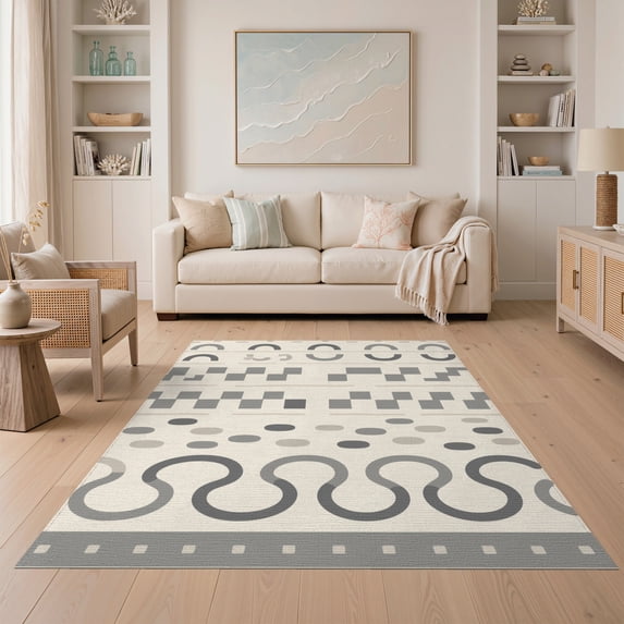ODIKA 5'x7' Beige Gray Geometric Hygge Design Washable Area Rug Modern Abstract Pattern with Smoke Taupe Easy Care, Non-Shedding, Pet Friendly, for Small Living Room, Bedroom