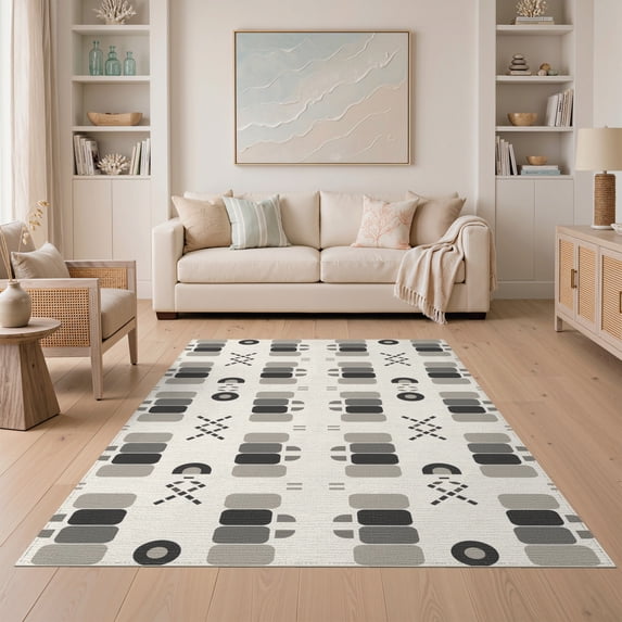 ODIKA 5'x7' Beige Gray Modern Geometric Diamond Cross Washable Area Rug Contemporary Abstract Motif With Rounded Rectangle Easy Care, Non-Shedding, Pet Friendly, for Small Living Room, Bedroom