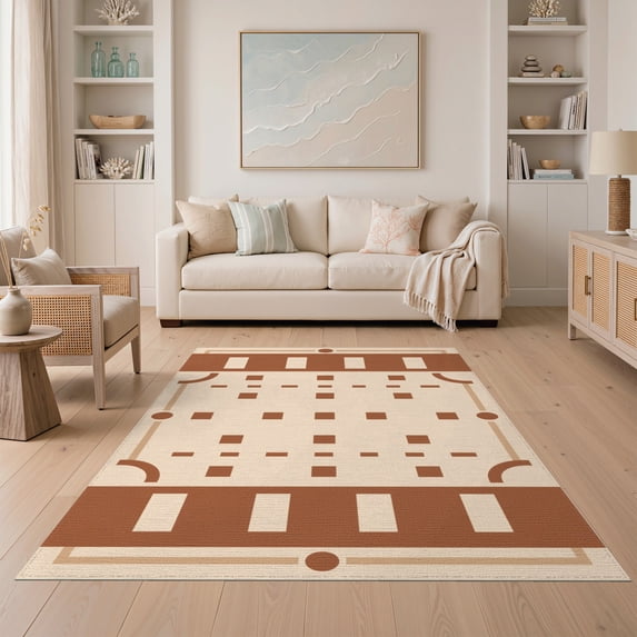 ODIKA 5'x7' Beige Natural Brick Pattern Geometric Washable Area Rug Contemporary Structured Layout with Corner for Small Living Room, Bedroom, Easy Care, Non-Shedding, Pet Friendly