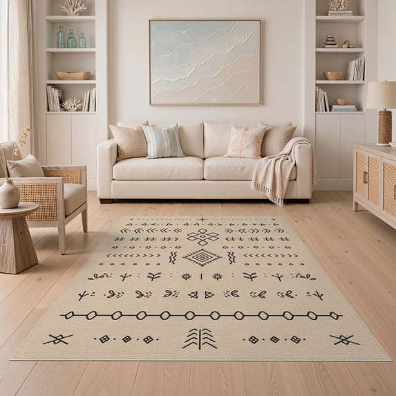 ODIKA 5'x7' Beige Natural Geometric Washable Area Rug Southwestern Boho Arrow Diamond Motif Symbols Ethnic Decorative for Small Living Room, Bedroom, Easy Care, Non-Shedding, Pet Friendly