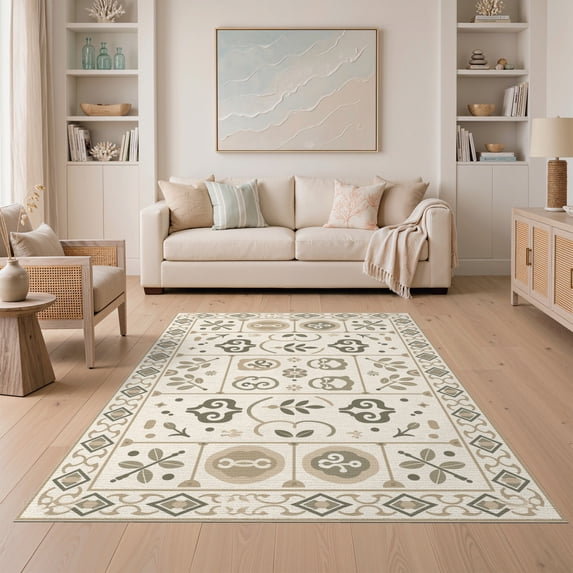 ODIKA 5'x7' Beige Olive Ornate Design Washable Area Rug Intricate Geometric and Floral Patterns for Dining Room, Under Table, Home Office, Non-Slip Chair-Friendly