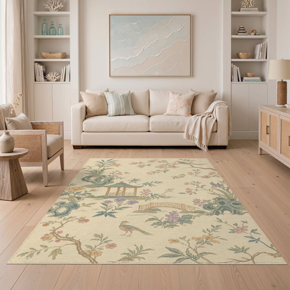 ODIKA 5'x7' Beige Pastel Chinoiserie Elegance Washable Area Rug 18th Century Rococo Floral Landscape Design for Guest Room, Lounge, Apartment, Non-Slip Low Profile, Stain Resistant