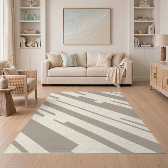 ODIKA 5'x7' Beige Taupe Modern Diagonal Stripe Washable Area Rug Abstract Geometric Pattern Dynamic Angular Easy Care, Non-Shedding, Pet Friendly, for Small Living Room, Bedroom