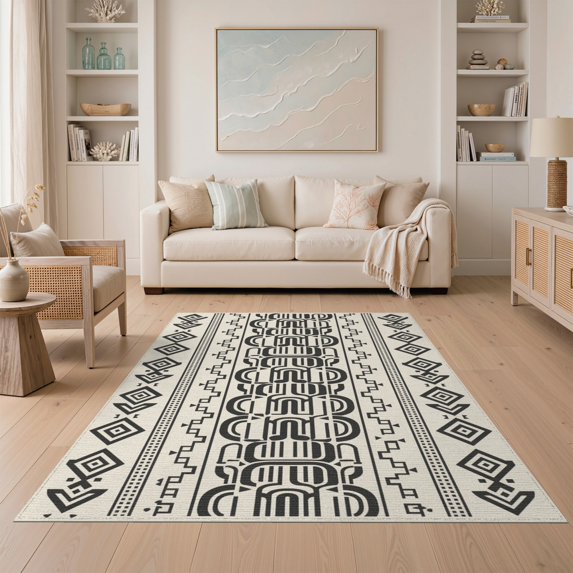 ODIKA 5'x7' Black Cream Geometric Washable Area Rug Bold Abstract Patterns with Intricate Symmetry for Small Living Room, Bedroom, Easy Care, Non-Shedding, Pet Friendly