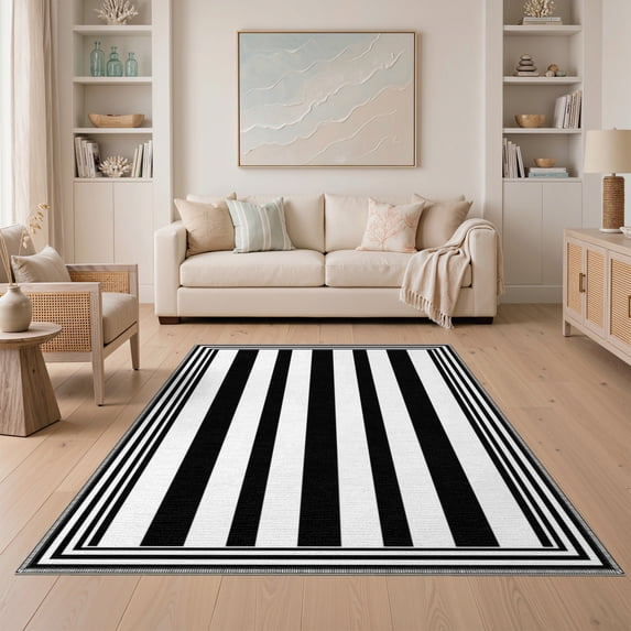 ODIKA 5'x7' Black And White Striped Awning Border Washable Area Rug Wide Banded Frame Bold Edge Lines Modern Symmetrical Accent Non-Slip, Low Pile, Stain Resistant for Guest Room, Lounge, Apartment
