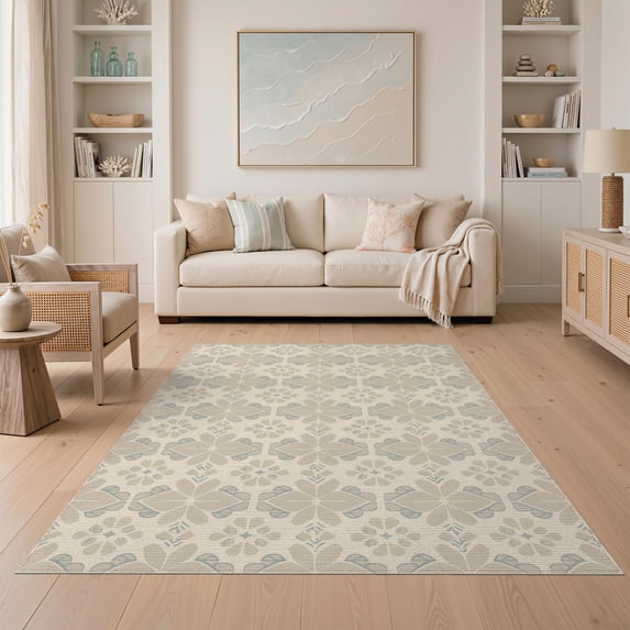 ODIKA 5'x7' Blue Beige Floral Pattern Washable Area Rug Traditional Paisley Design for Small Living Room, Bedroom, Easy Care, Non-Shedding, Pet Friendly