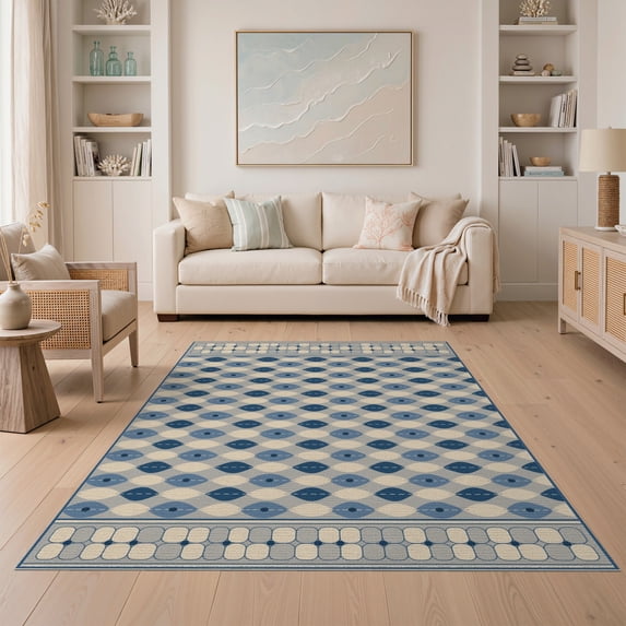 ODIKA 5'x7' Blue Beige Geometric Eye Pattern Washable Area Rug Modern Symmetrical Design with Borders Non-Slip, Chair-Friendly for Dining Room, Under Table, Home Office