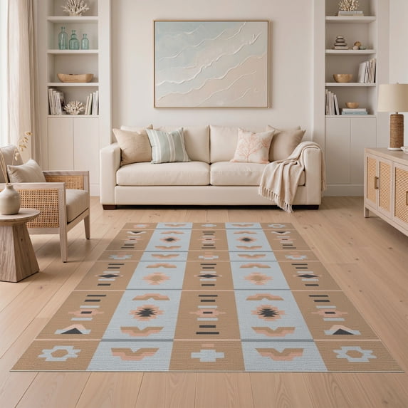 ODIKA 5'x7' Blue Beige Geometric Striped Design Washable Area Rug Intricate Handwoven Patterns with Modern Flair Easy Care, Non-Shedding, Pet Friendly, for Small Living Room, Bedroom