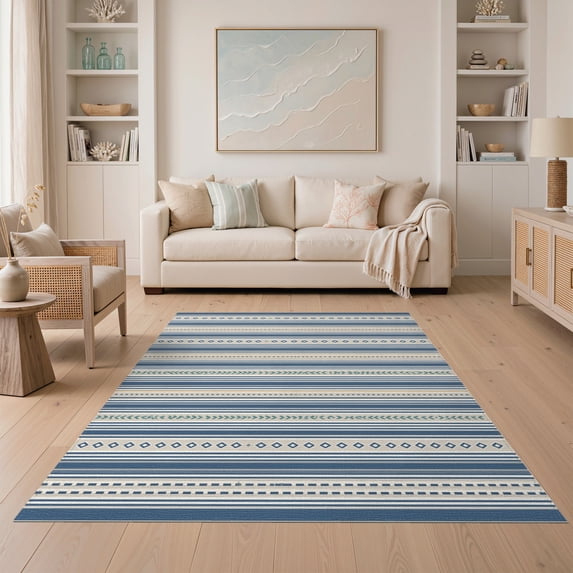 ODIKA 5'x7' Blue Beige Geometric Striped Elegance Washable Area Rug Modern Checkered Pattern with Diamond Accents Non-Slip, Chair-Friendly for Dining Room, Under Table, Home Office