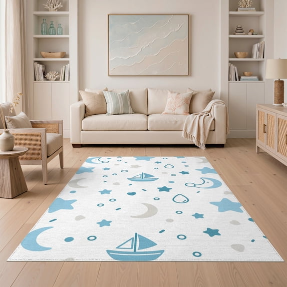 ODIKA 5'x7' Blue Beige Sky Dreamscape Design Washable Area Rug Whimsical Celestial and Nautical Patterns Easy Care, Non-Shedding, Pet Friendly, for Small Living Room, Bedroom