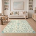 thumbnail image 1 of ODIKA 5'x7' Blue Cream Floral Scrollwork Design Washable Area Rug Elegant Heather Pattern Motif for Guest Room, Lounge, Apartment, Non-Slip Low Profile, Stain Resistant, 1 of 7