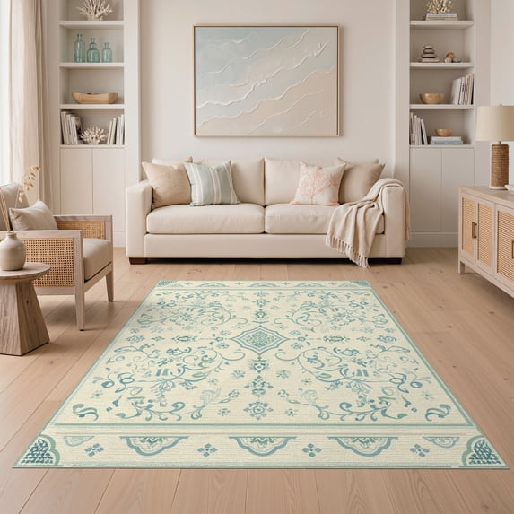 ODIKA 5'x7' Blue Cream Floral Scrollwork Design Washable Area Rug Elegant Heather Pattern Motif for Guest Room, Lounge, Apartment, Non-Slip Low Profile, Stain Resistant