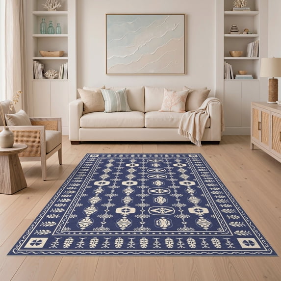 ODIKA 5'x7' Blue Cream Patterned Elegance Washable Area Rug Intricate Stone Inspired Motif Design Non-Slip, Chair-Friendly for Dining Room, Under Table, Home Office