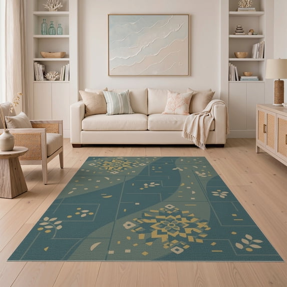 ODIKA 5'x7' Blue Gold Geometric Mosaic Design Washable Area Rug Intricate Inspired Patterns Easy Care, Non-Shedding, Pet Friendly, for Small Living Room, Bedroom