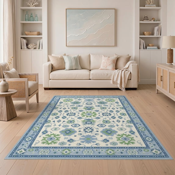 ODIKA 5'x7' Blue Ivory Floral Vine Pattern Washable Area Rug Elegant Tufted Design with Ornate Border Easy Care, Non-Shedding, Pet Friendly, for Small Living Room, Bedroom