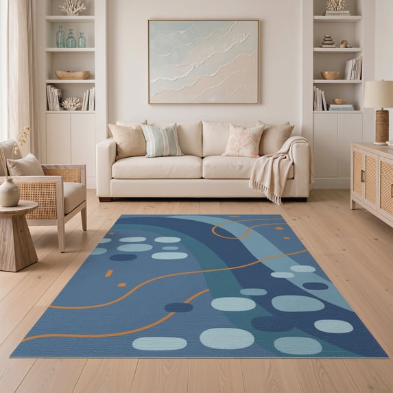 ODIKA 5'x7' Blue Orange Abstract Geometric Flowing Washable Area Rug Contemporary Layered Composition with Scattered Non-Slip, Low Pile, Stain Resistant for Guest Room, Lounge, Apartment