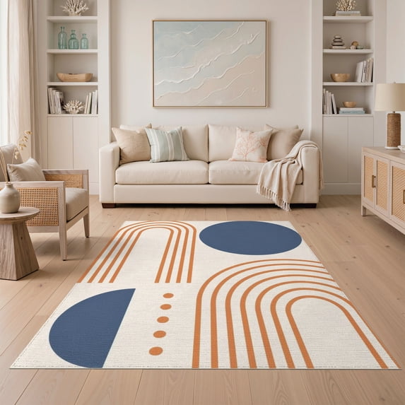 ODIKA 5'x7' Blue Orange Mid Century Modern Geometric Washable Area Rug Retro Arch Pattern with Circular Motifs Non-Slip, Chair-Friendly for Dining Room, Under Table, Home Office