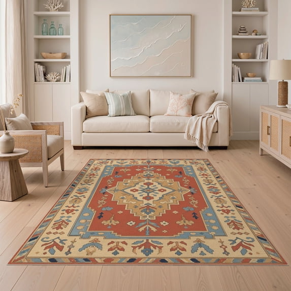 ODIKA 5'x7' Blue Red Elegance Persian Inspired Washable Area Rug Traditional Motifs with Modern Symmetry and Style Easy Care, Non-Shedding, Pet Friendly, for Small Living Room, Bedroom