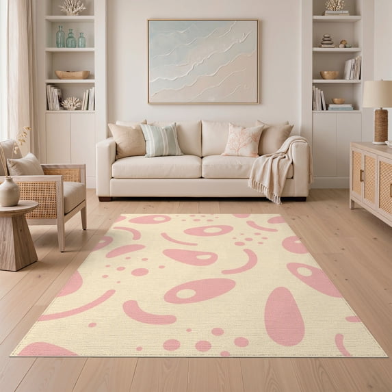 ODIKA 5'x7' Blush Pink Abstract Lets Play Checkers Washable Area Rug Modern Graphic Design With Playful Shapes And Retro for Dining Room, Under Table, Home Office, Non-Slip Chair-Friendly