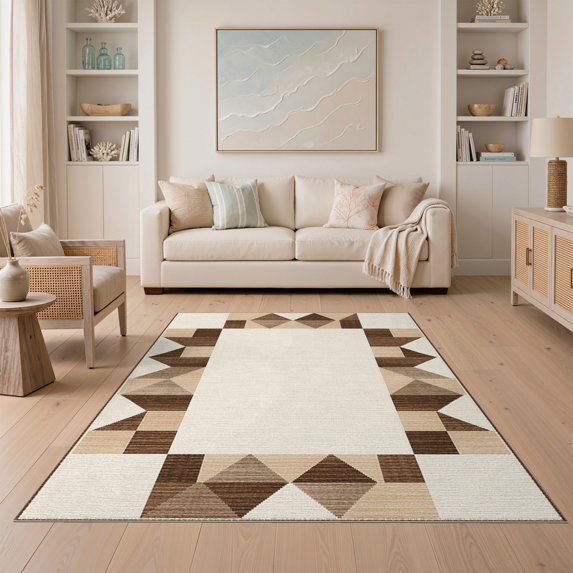 ODIKA 5'x7' Brown And Beige Geometric Abstract Washable Area Rug Contemporary Diamond Mosaic Tiles Symmetrical Block Design for Small Living Room, Bedroom, Easy Care, Non-Shedding, Pet Friendly